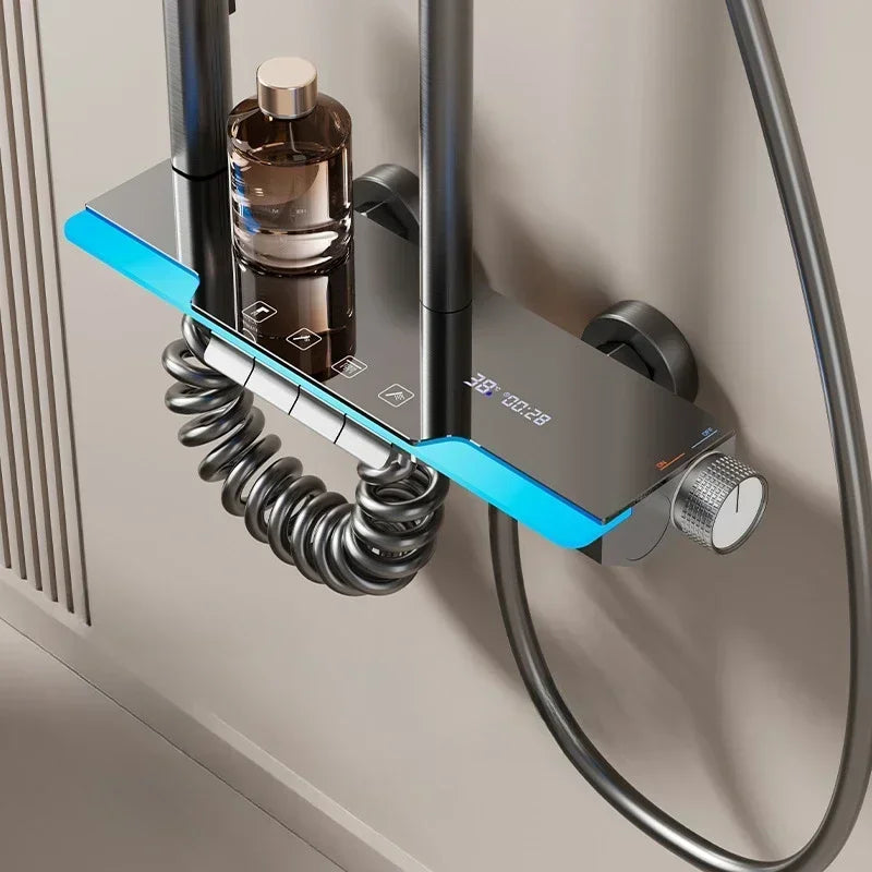 Smart Temperature Digital Display Luxury Shower System Bathroom Wall Mount Piano Key 4 Function Water Outlet Shower Faucet Set