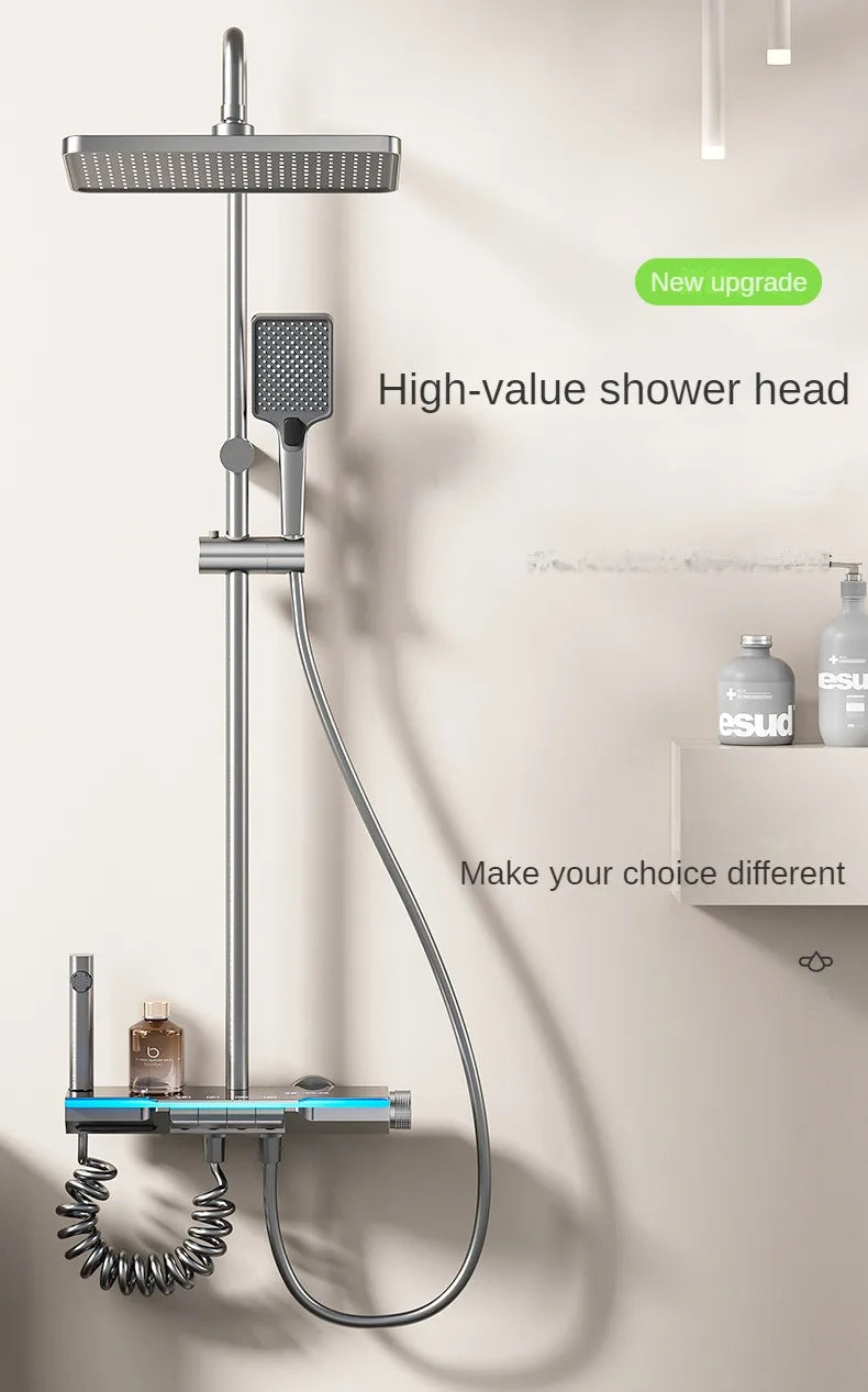 Smart Temperature Digital Display Luxury Shower System Bathroom Wall Mount Piano Key 4 Function Water Outlet Shower Faucet Set