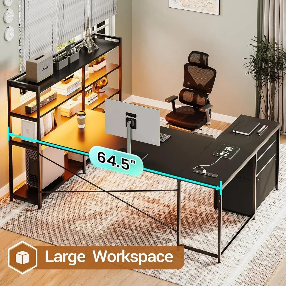 L Shaped Gaming Desk with Reversible U Shaped Computer Desk with Power Outlet and Storage Shelves