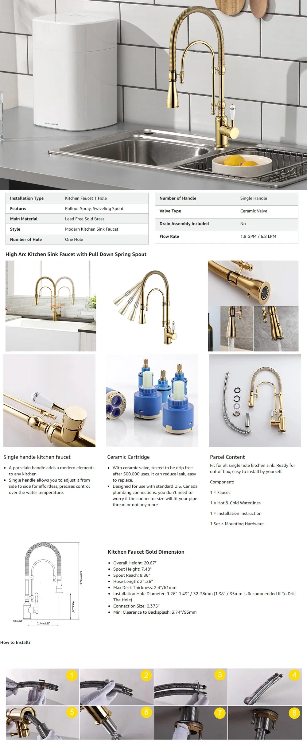 Golden Spring Pull Down Kitchen Sink Faucet Hot & Cold Mixer Crane Tap with Dual Spout Deck Mounted Hot Cold Faucets