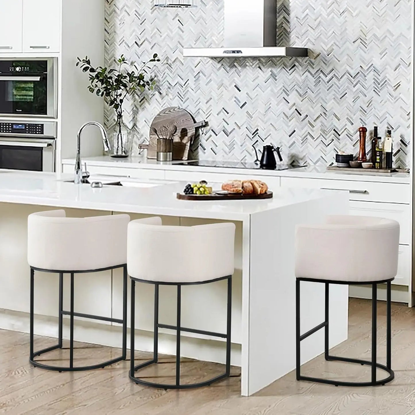 Modern 24" Counter Height Linen Upholstered Bar Stools Set of 3