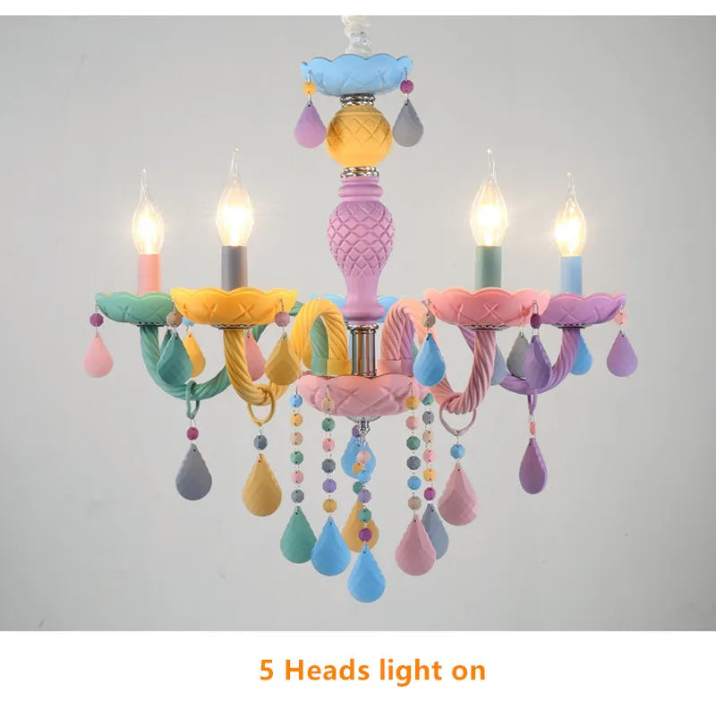 Modern Romantic Rainbow Crystal Chandelier European Candle lustres Children's Makaron Girl Princess Pendant Lamps Light Fixtures