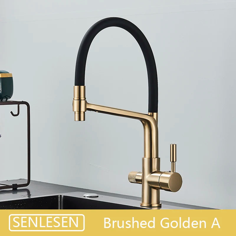 Brushed Golden Kitchen Sink Faucet Pure Water Filter Mixer Crane Dual Handle Pull Down Purification Kitchen Hot Cold Water Tap