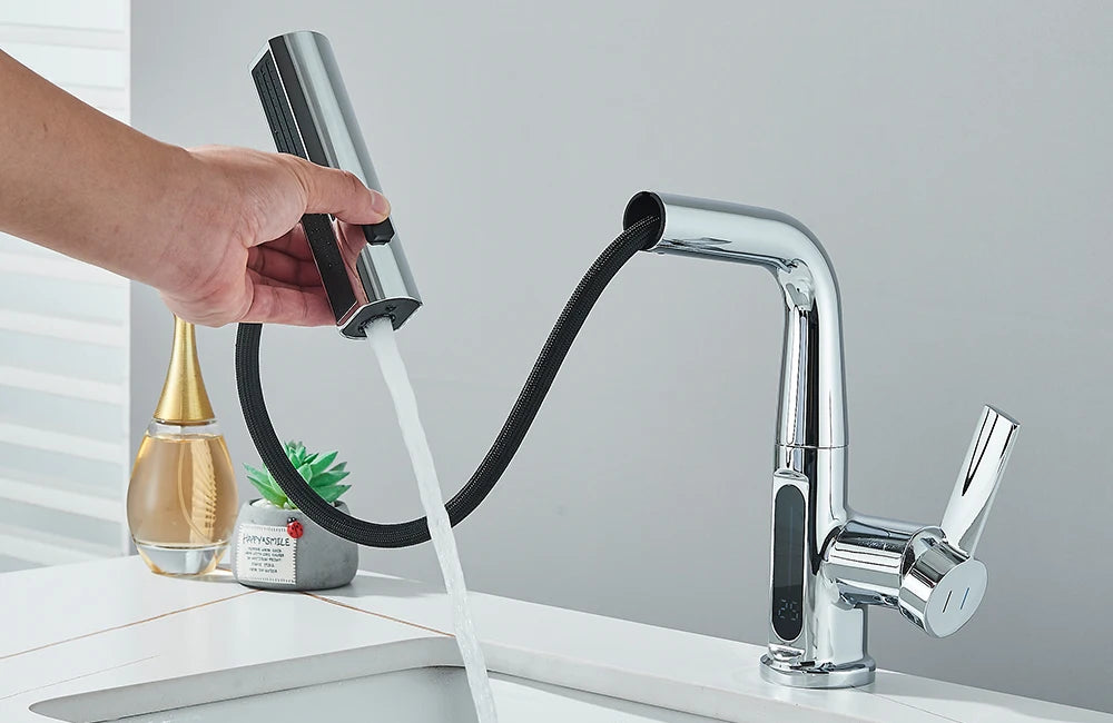 Waterfall Temperature Digital Display Basin Faucet Lift Up Down Stream Sprayer Hot Cold Water Sink Mixer Wash Tap For Bathroom