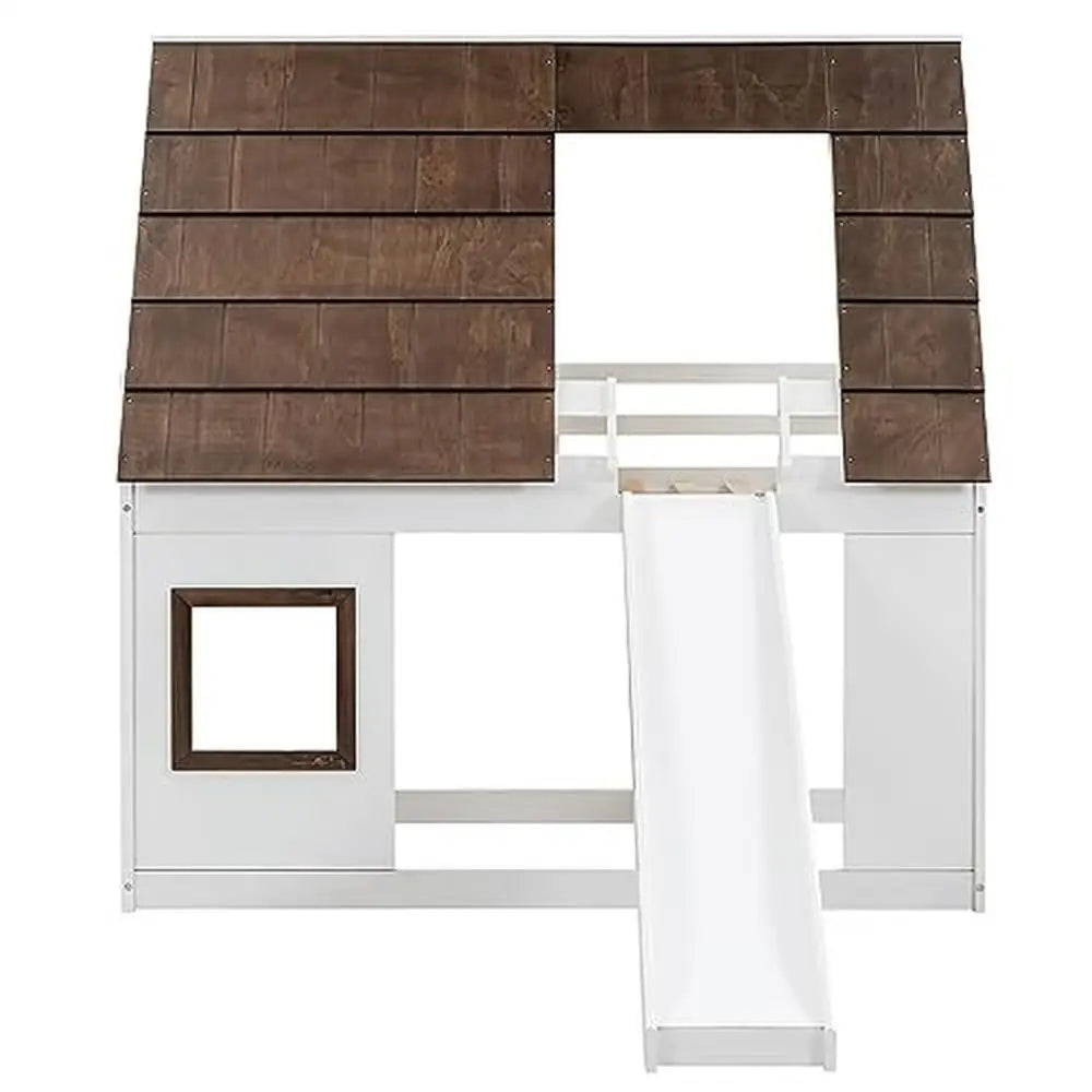 Wooden Twin Bunk Beds with Slide and Playhouse Design