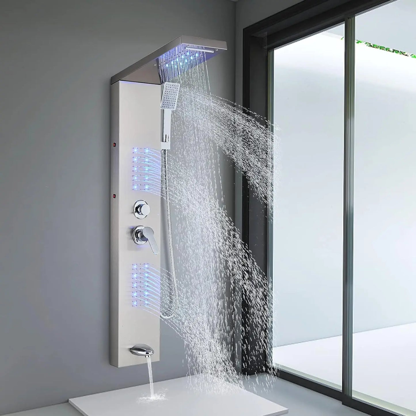 OUIO Brush LED Shower Panel Column Shower Faucet Bathtub Mixer Tap With Massage Body Spa Hand Shower Temperature Screen Set