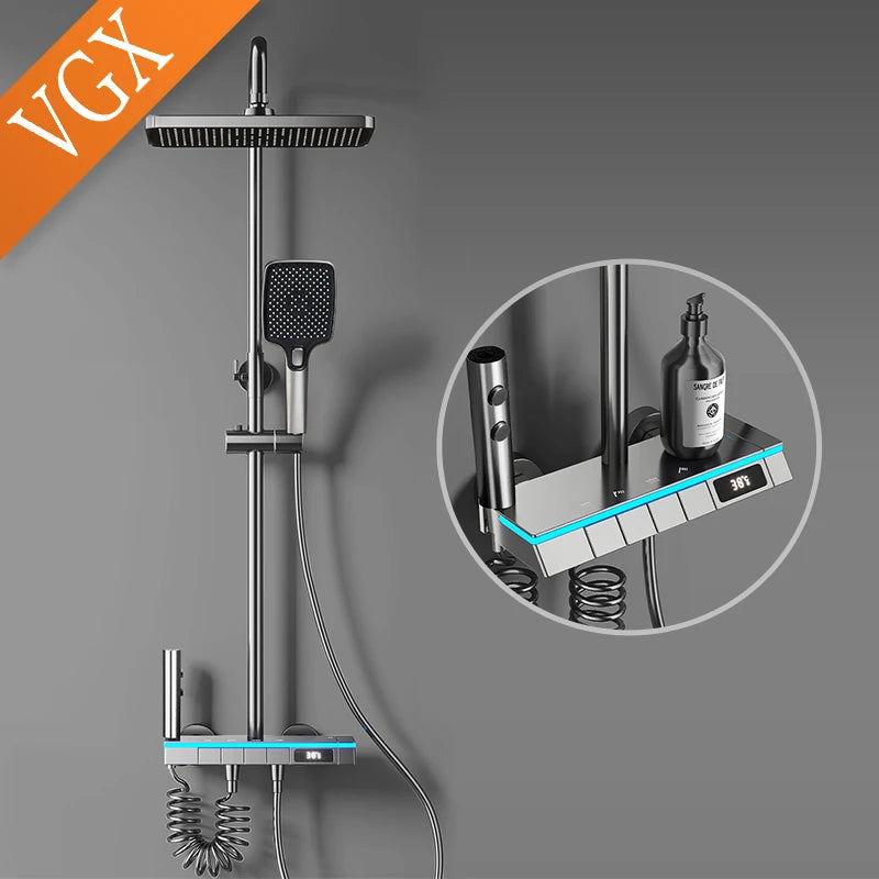 VGX Thermostatic Shower System Set Smart Digital Bathroom Shower Faucet Set Temperature Display Rainlfall Bathroom Shower Set