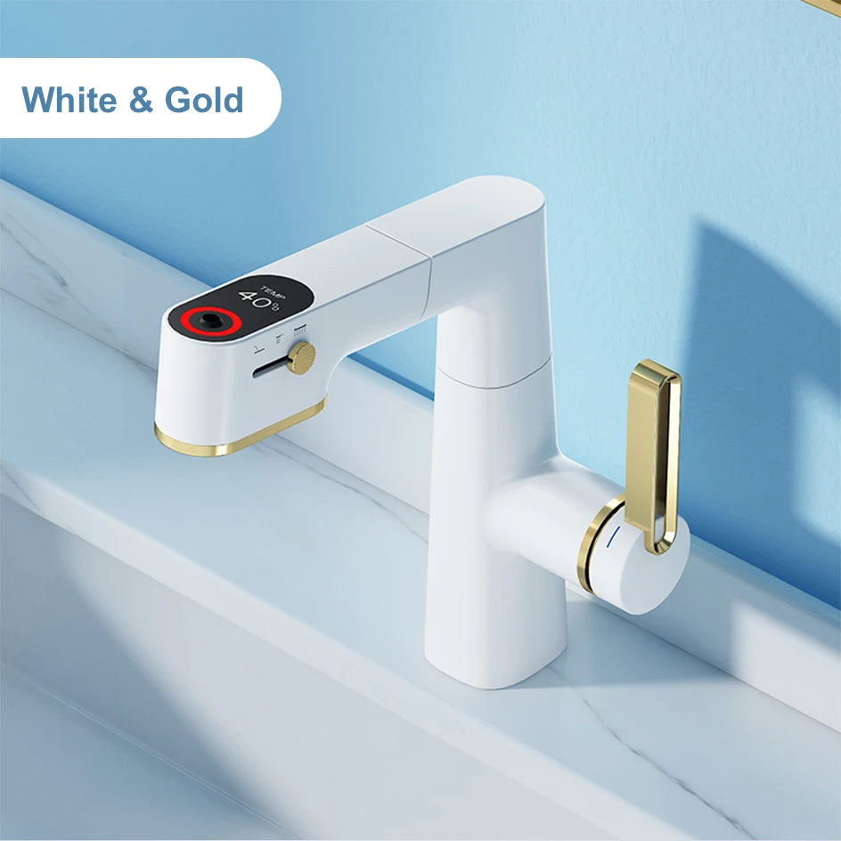 VGX Multifunctional Bathroom Faucets Pull Out Basin Mixer Sink Faucet Gourmet LED Temperature Tap 360° Tapware Crane Brass White