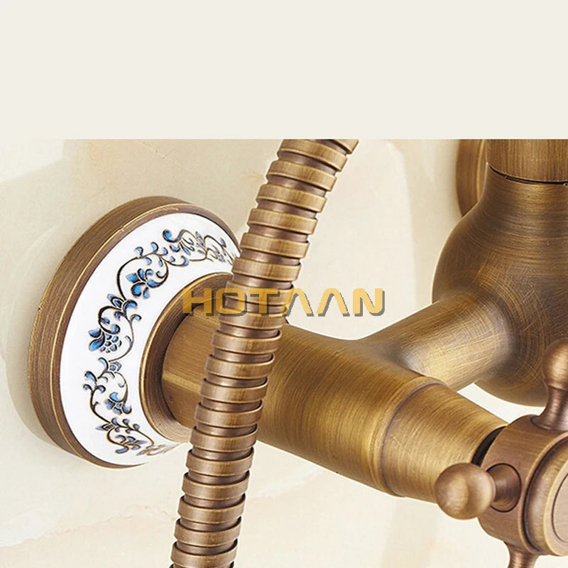 Antique Brass Wall Mounted Mixer Valve Rainfall Shower Faucet Complete Sets + 8" Brass Shower Head + Hand Shower + Hose