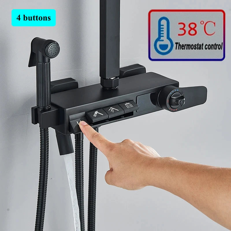 Black Thermostatic Digital Display Shower Faucet Set Rainfall Shower Column Wall Mounted Bathtub Tap With Shelf and Bidet