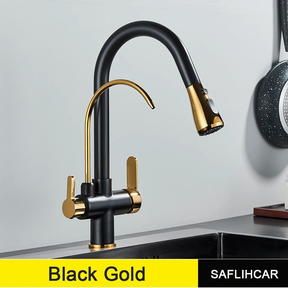 Black Gold Pure Water Faucet Spout Pull Out Dual Water Modes Kitchen Purification Sink Faucet  Kitchen Filtered Crane
