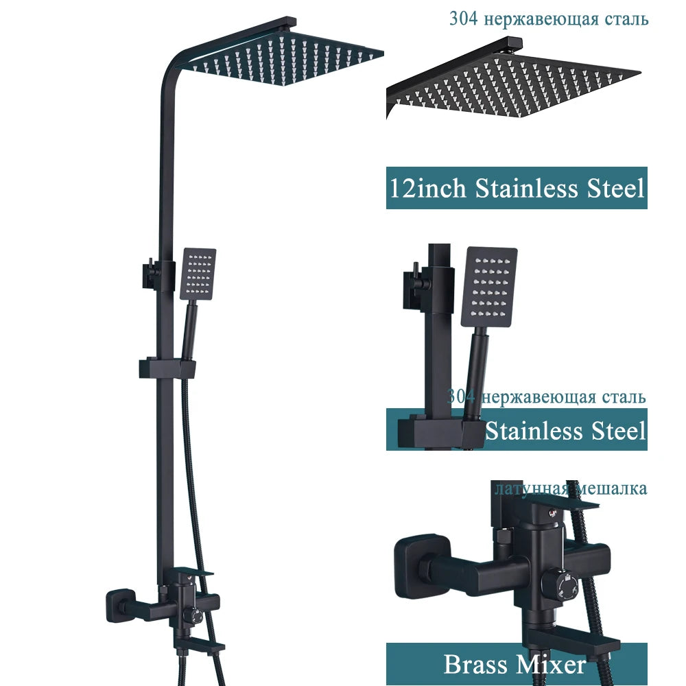 Matte Black Rainfall Shower Faucet Set 8 Inch Showerhead High Pressure Stainless Steel Bathtub Rotate Spout Bath Shower Mixer