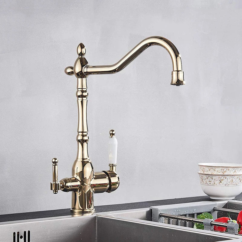 Golden Kitchen Filter Faucet Brass 360 Rotation Purification Kitchen Faucet Double Handle Dual Water Mode Hot Cold Mixer Taps