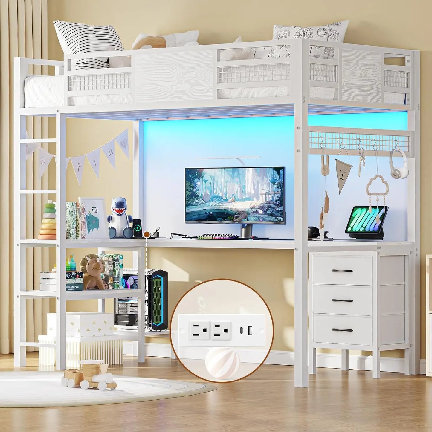 Loft Bed with L-Shaped Desk LED Lights & Charging Station