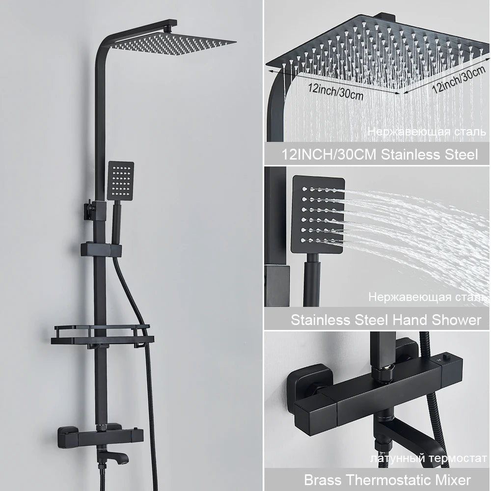 Black Thermostatic Shower Faucet Set 38℃ Rainfall Shower Mixer Crane Multifunctional Bathroom Faucet Bathtub Tap With Shelf