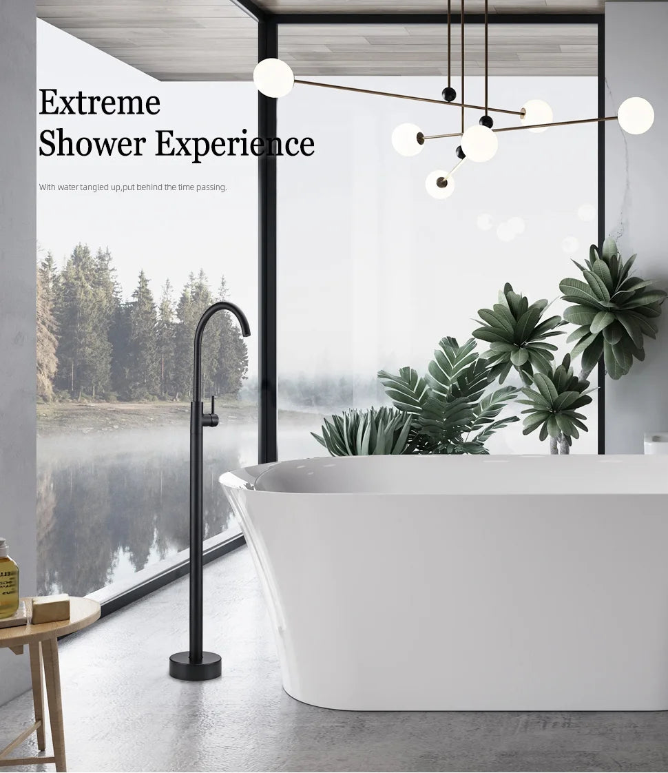 Bathroom Bathtub Floor Stand Faucet Rose Gold Mixer Single Handle Tap 360 Rotation Spout With Brass Hand Hot &Cold Water Shower