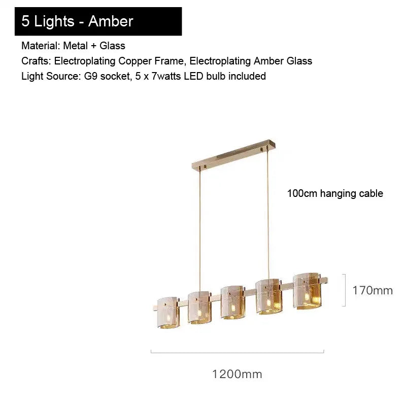 Pendant Light for Bedroom Living Room Kitchen Dining Table Bar Home Decor Modern LED Glass Tile Suspension Lamp Smoke Gray Amber