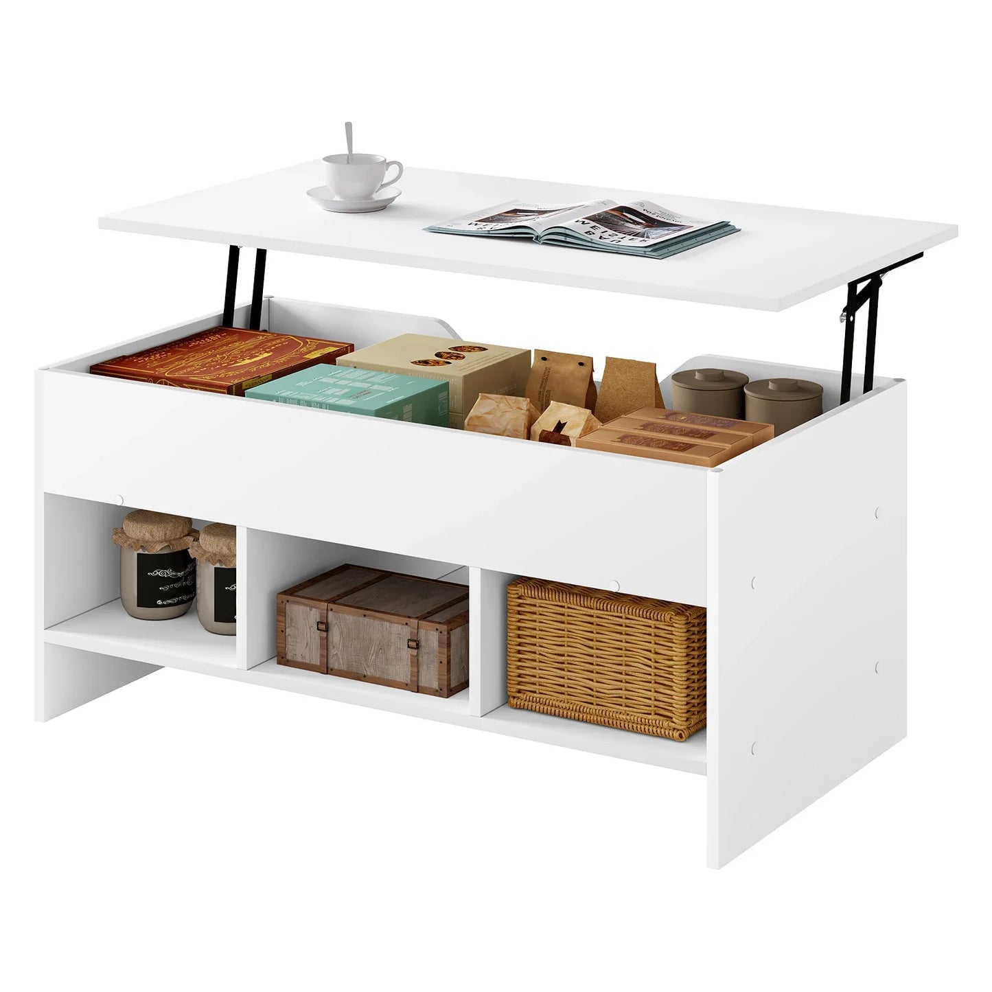 Liftable Coffee Tea Table with Storage White Side Table Height-adjustable Rectangular Sofa Table for Living Room Bedroom