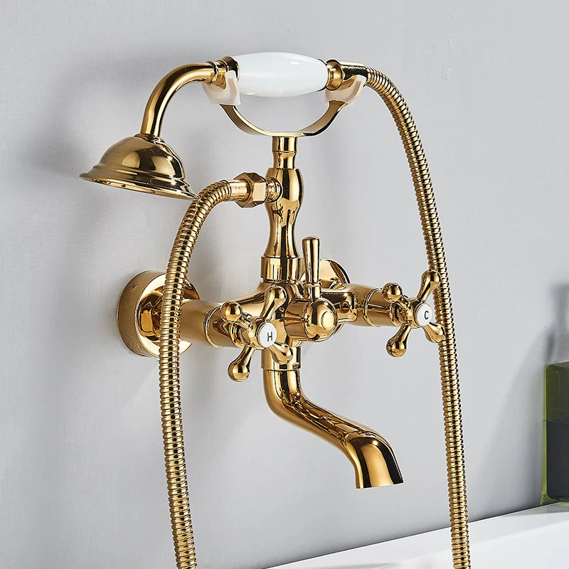 Retro Antique Brass Black Bronze Bathtub Shower Faucets Set Dual Knobs Mixer Tap Wall Mounted Bath Shower Set Swivel Tub Spout