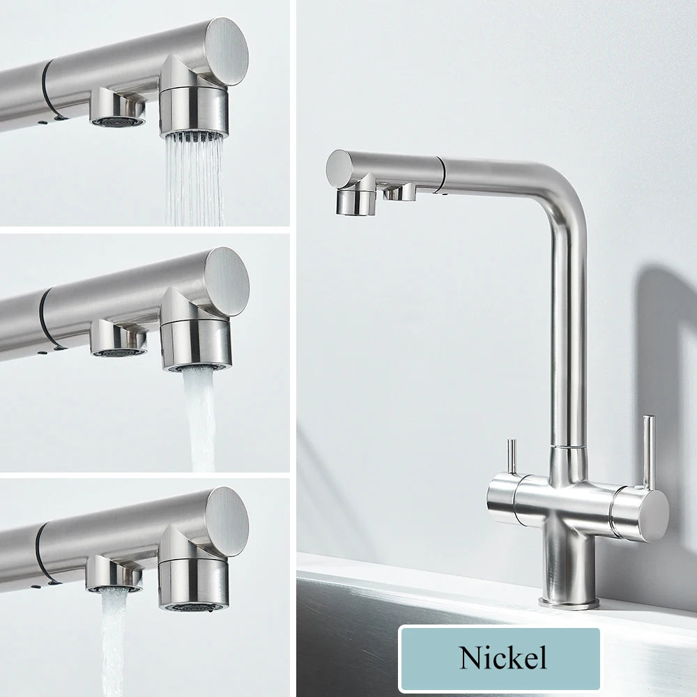 Gold Filter Kitchen Faucets Dual Spout Pull Out Kitchen Sink Water Tap Hot Cold Purification Water Crane for Kitchen