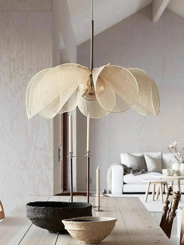 Nordic Japanese Style Fabric LED Flower Pendant