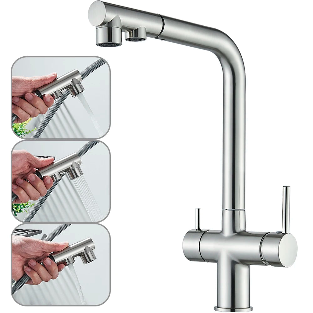Filtered Kitchen Sink Faucet with Pull Down Sprayer 2 Handle 3 in 1 Water Filter Purifier Faucet Dual Sprayer Drinking Water Tap