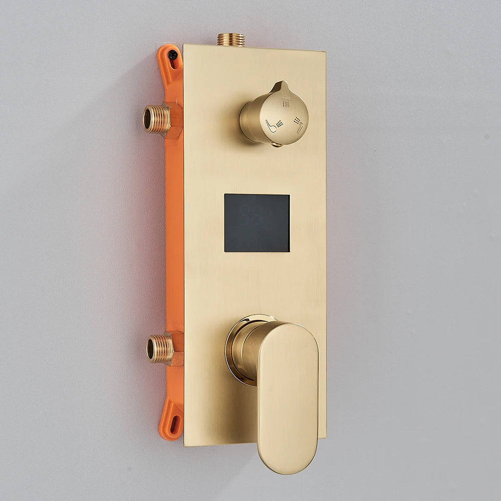 Brushed Gold Digital Display Concealed Shower System 2/3 way Shower Set Hydropower Mixer Swivel Spout Built in Wall Shower Taps