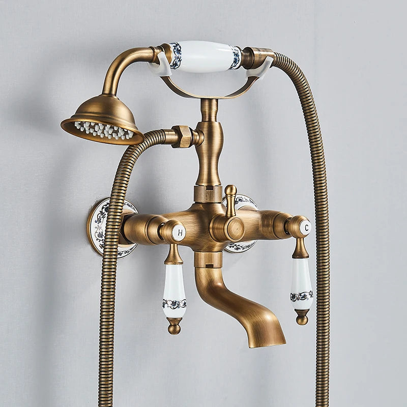 Retro Antique Brass Black Bronze Bathtub Shower Faucets Set Dual Knobs Mixer Tap Wall Mounted Bath Shower Set Swivel Tub Spout