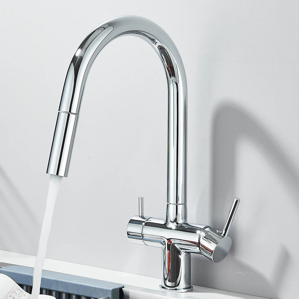 Filtered Kitchen Sink Faucet With Retractable Sprayer Brass Water Filter Tap Drinking Water Tap Vessel Sink Mixer For Kitchen
