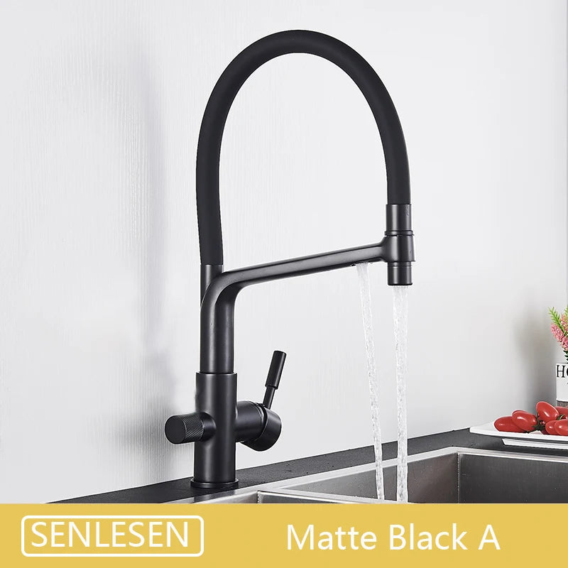 Brushed Golden Kitchen Sink Faucet Pure Water Filter Mixer Crane Dual Handle Pull Down Purification Kitchen Hot Cold Water Tap