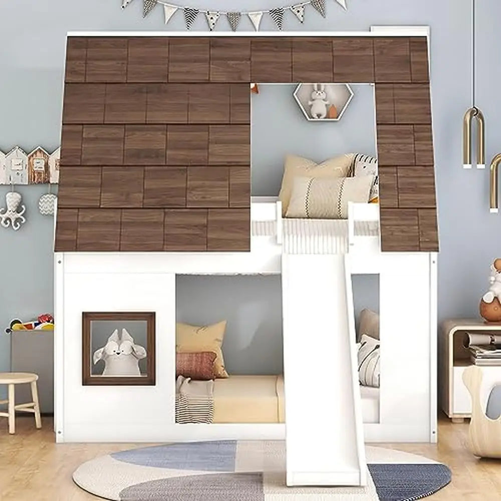 Wooden Twin Bunk Beds with Slide and Playhouse Design
