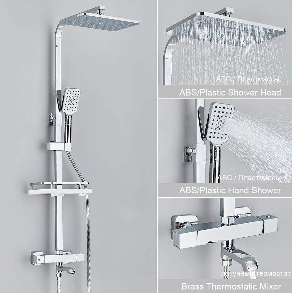Black Thermostatic Shower Faucet Set 38℃ Rainfall Shower Mixer Crane Multifunctional Bathroom Faucet Bathtub Tap With Shelf