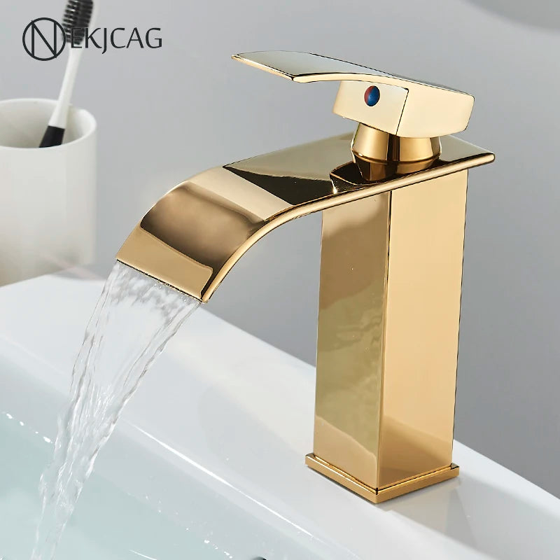 Gold Bathroom Basin Faucet Waterfall Outlet Deck Installation Sink Mixer Cold And Hot Mixing Crane Kitchen Washing Tap