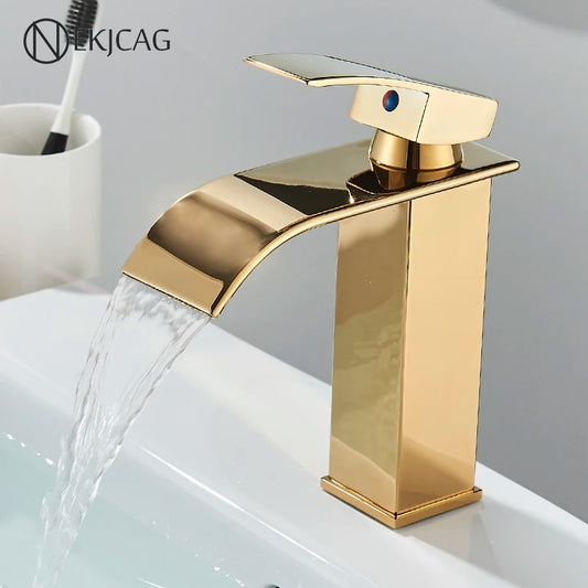 Gold Bathroom Basin Faucet Waterfall Outlet Deck Installation Sink Mixer Cold And Hot Mixing Crane Kitchen Washing Tap
