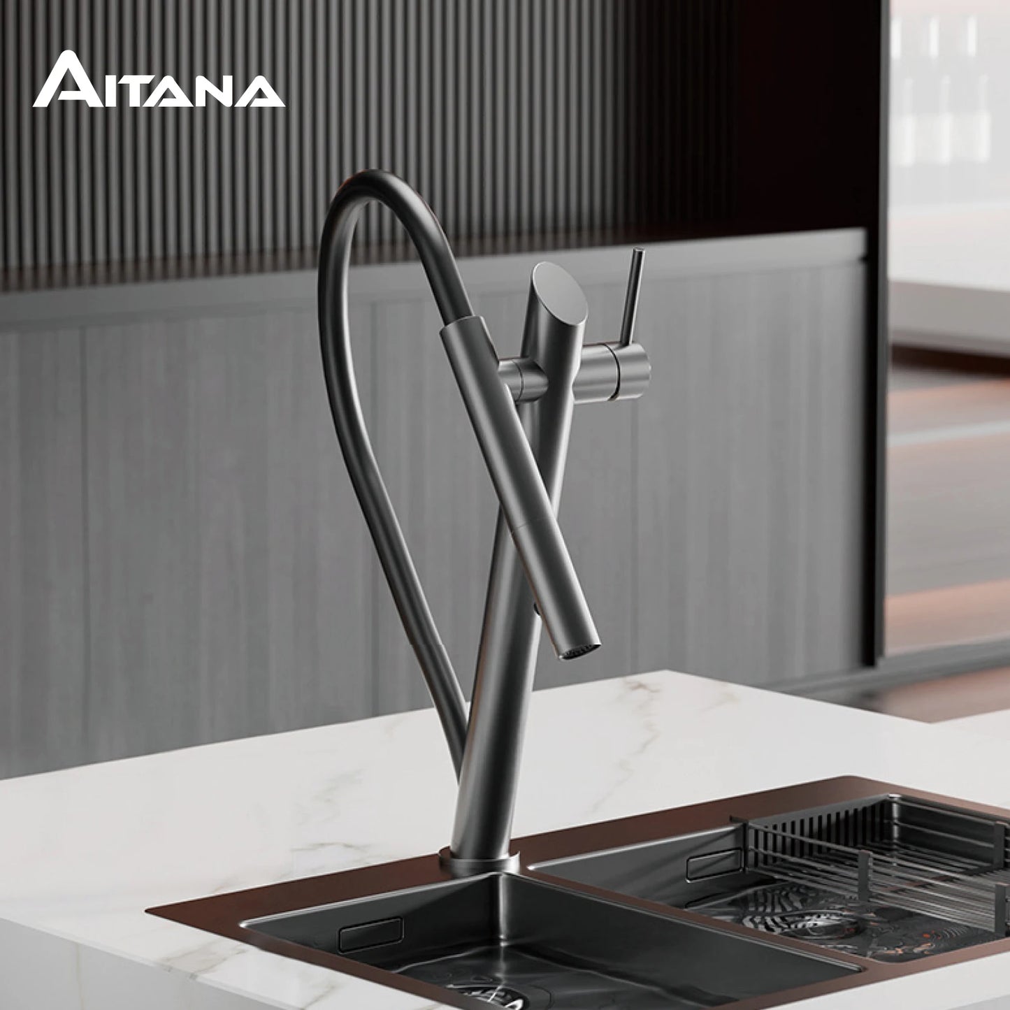 AITANA luxury brass black kitchen faucet with pull-out design, dual control magnetic suction for cold & hot 2-function sink Tap