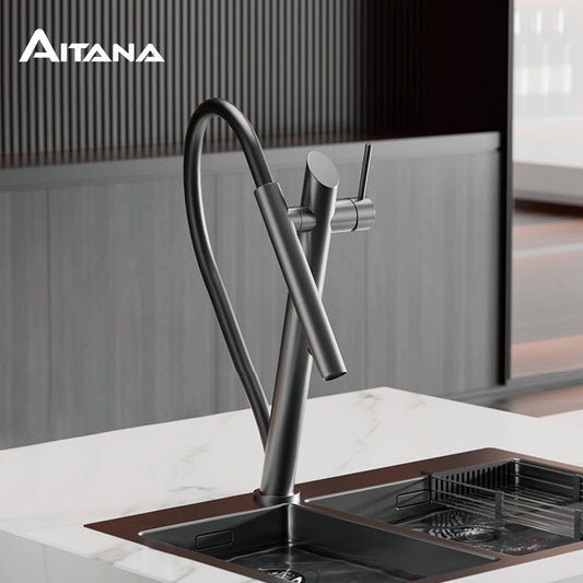 AITANA luxury brass black kitchen faucet with pull-out design, dual control magnetic suction for cold & hot 2-function sink Tap