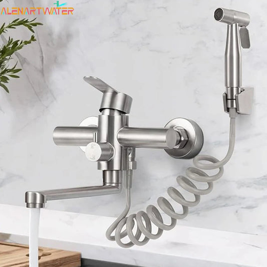Alenartwater Kitchen Faucet Wall Mounted Rotable Sink Tap Dual Hole Single Handle Cold and Hot Water Mixer