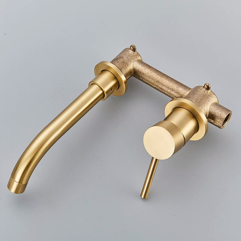 Bathroom Basin Faucet Brushed Golden Concealed Wall Mounted Faucet Tap 360 Rotation Single Handle Hot Cold Water Bath Mixer Tap
