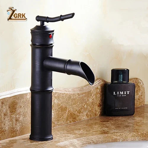 ZGRK Black Waterfall Bathroom Sink Faucet Vessel Tall Bamboo Water Tap Retro Brass Basin Faucets Single Hole Sink Mixer Tap