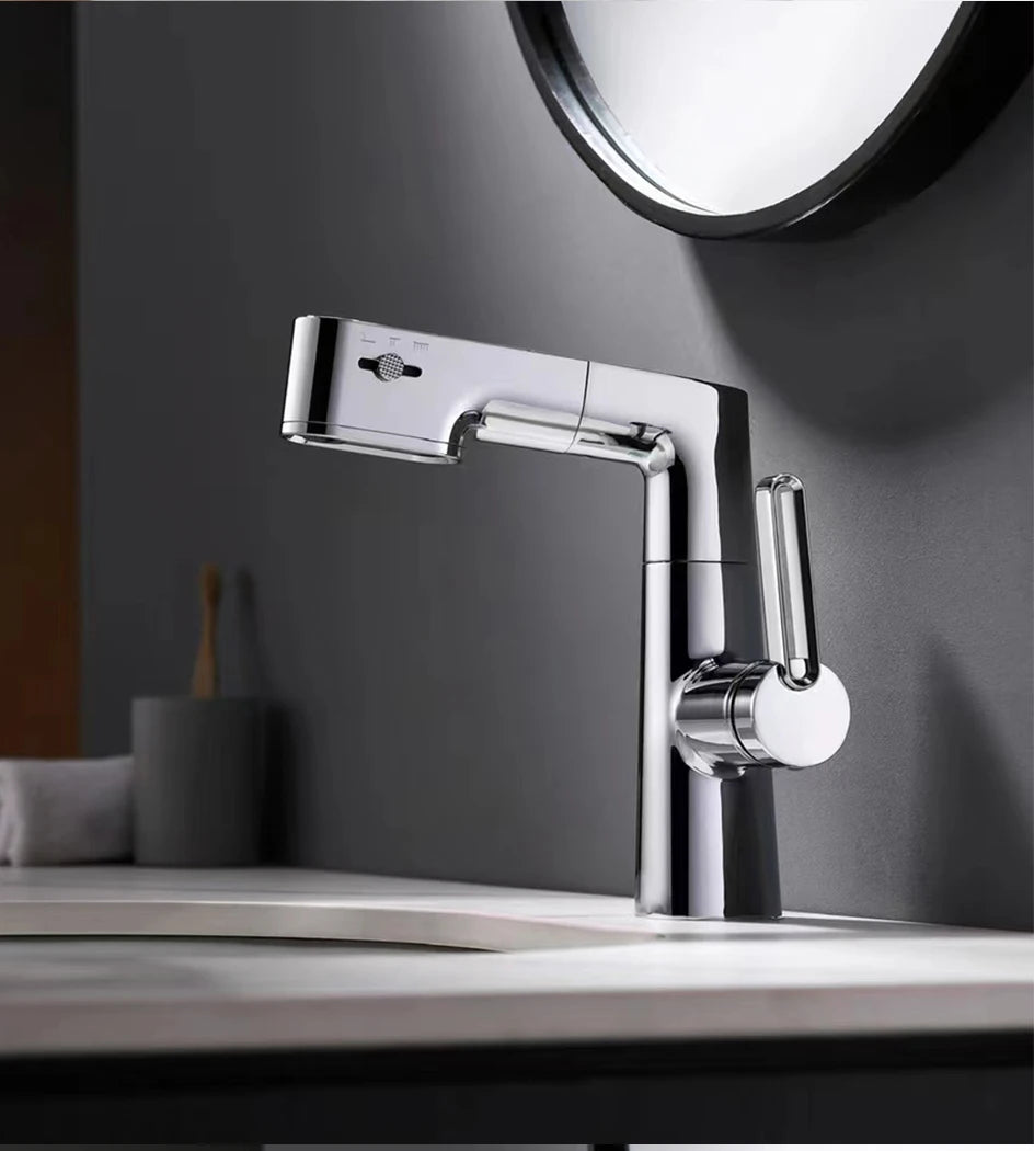 VGX Multifunctional Bathroom Faucets Pull Out Basin Mixer Sink Faucet Gourmet LED Temperature Tap 360° Tapware Crane Brass White