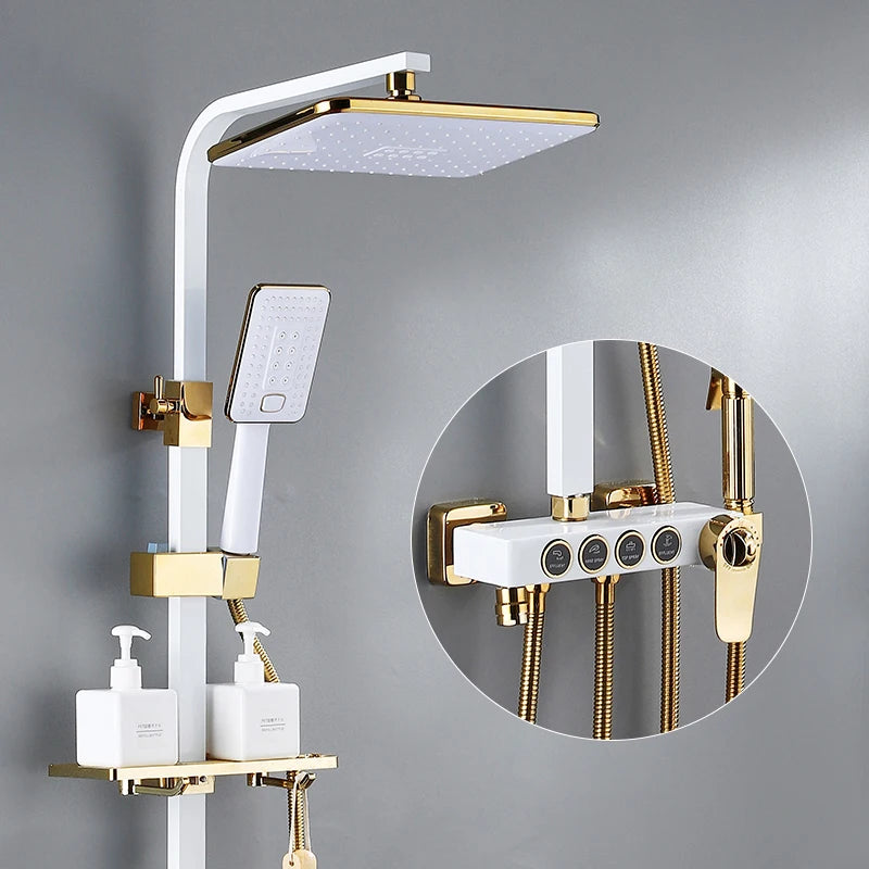 Gold Digital Shower Set Quality Brass Hot Cold Bathroom Shower Faucets Tap Rain Shower Head Golden Thermostatic Shower System