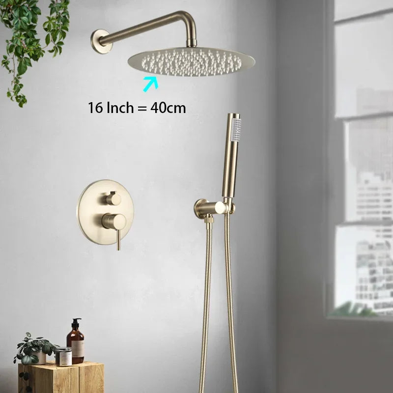 Bathroom Rainfall Shower Tap Brushed Gold Shower Faucet Set Wall Mount Round Shap Bathtub Shower With ABS Shower  Mixer Tap