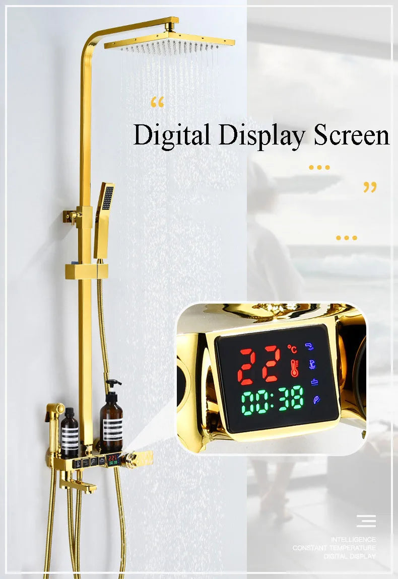 Gold Digital Shower Set Quality Brass Hot Cold Bathroom Shower Faucets Tap Rain Shower Head Golden Thermostatic Shower System