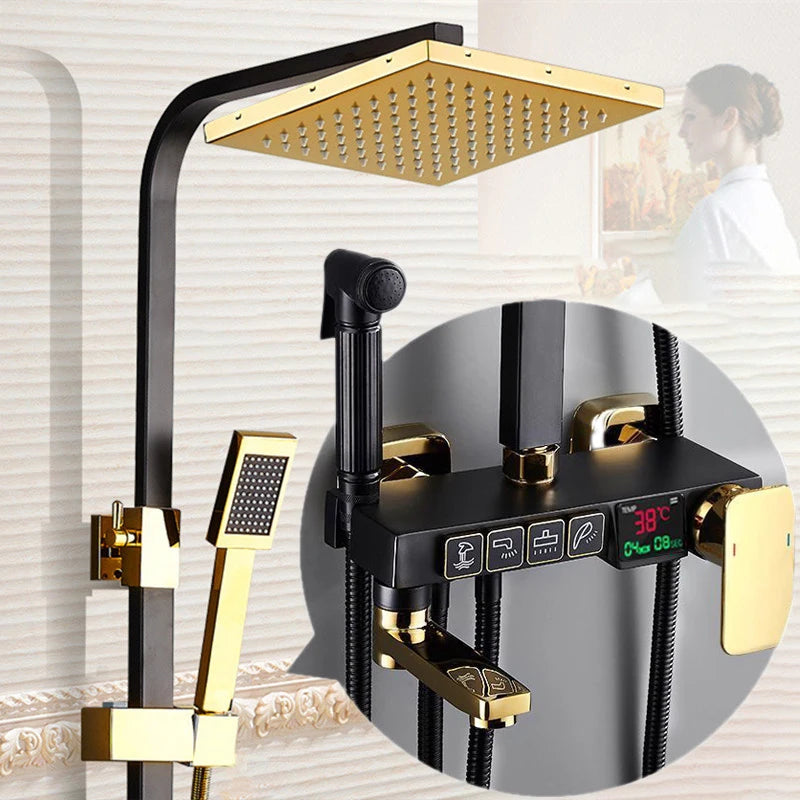 Gold Digital Shower Set Quality Brass Hot Cold Bathroom Shower Faucets Tap Rain Shower Head Golden Thermostatic Shower System