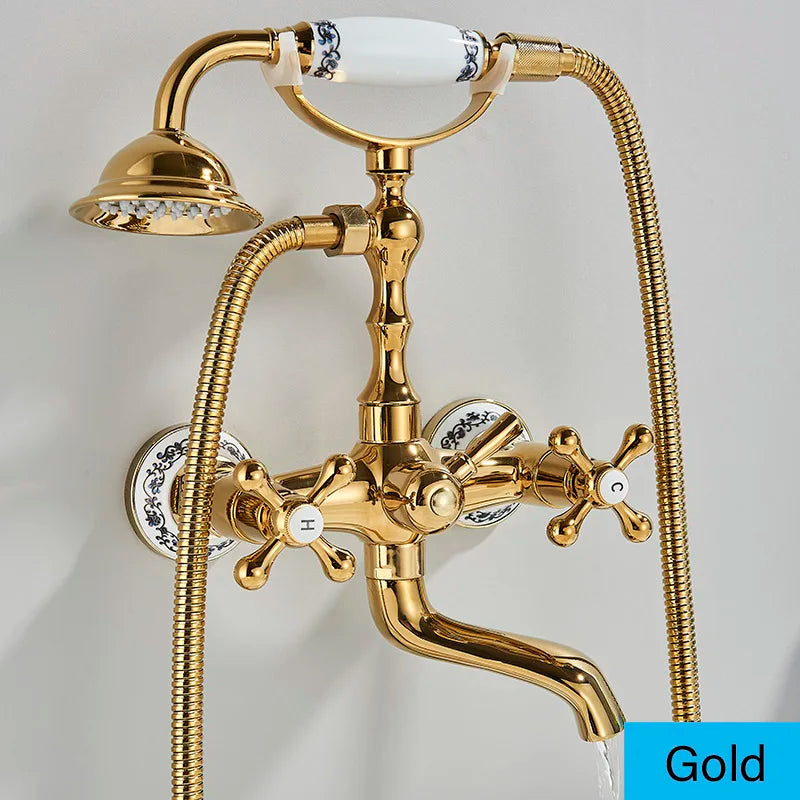 Bathroom Bathtub Faucet Dual Handles Handheld with Hand Shower Bath Shower Mixer Tap Wall Mount Swivel Spout Tub Retro Faucet