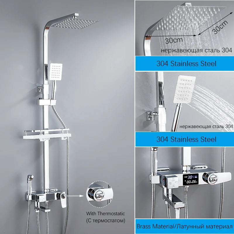Brass Bathroom Shower Faucet Set Thermostatic Digital Display Shower System With Rain Shower And Mixer 30cm*30cm Nozzle