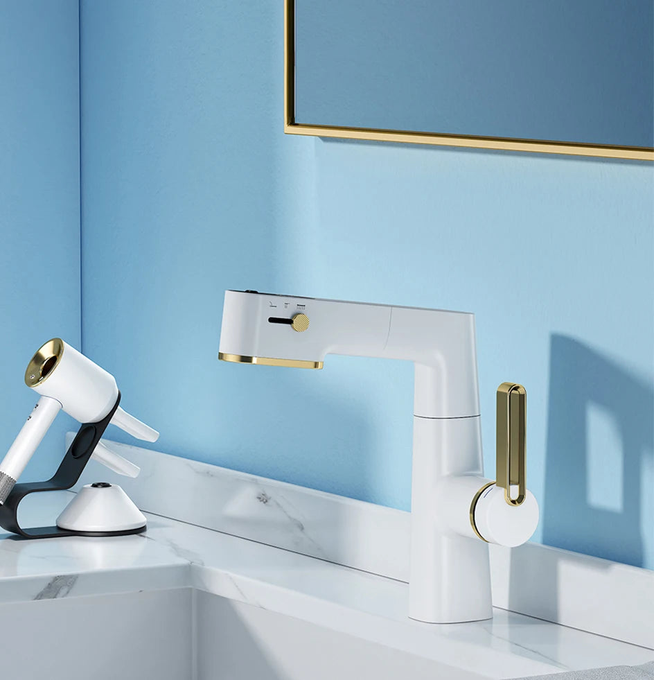 VGX Multifunctional Bathroom Faucets Pull Out Basin Mixer Sink Faucet Gourmet LED Temperature Tap 360° Tapware Crane Brass White