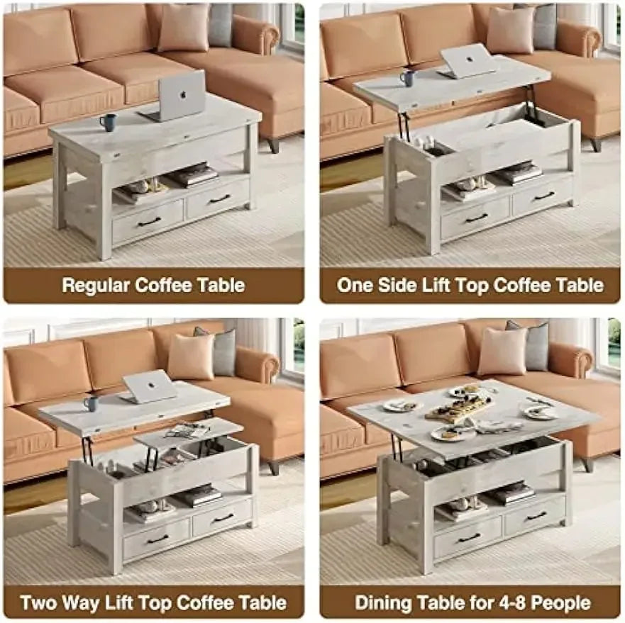 Multi-Function Convertible Coffee Table Drawers and Hidden Compartment, Converts to Dining Living Room