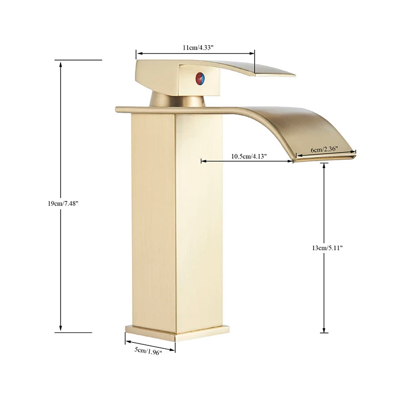 Brushed Gold Basin Sink Faucet Waterfall Outlet Vanity Hot Cold Mixer Tap Deck Mount Taps Washbasin Faucet for Bathroom