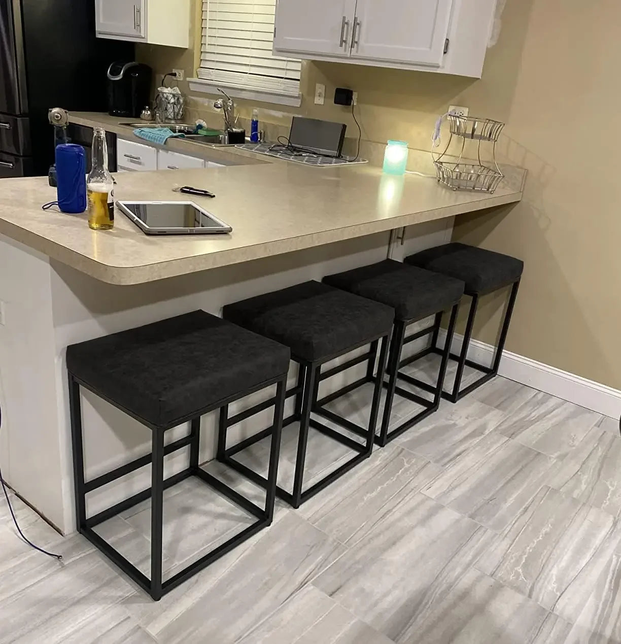 Black Counter Height 24" Bar Stools Kitchen Counter Backless Modern Square Barstools Upholstered Faux Leather Stools